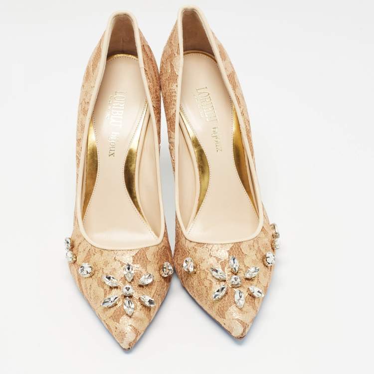 Pre Owned Loriblu Beige Lace Crystals Embellished Pumps Size 40
