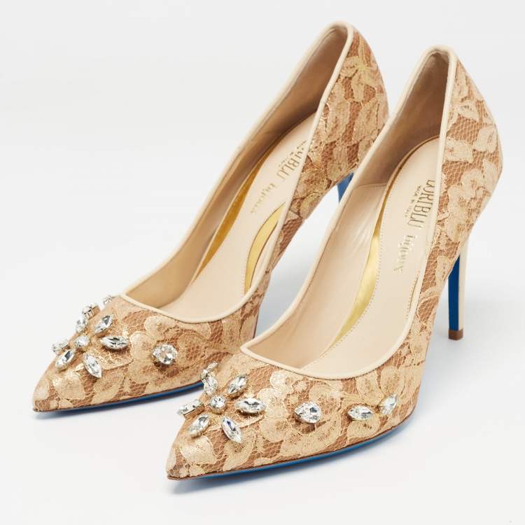 Pre Owned Loriblu Beige Lace Crystals Embellished Pumps Size 40