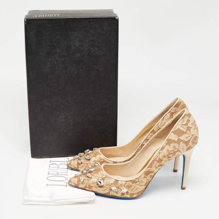Pre Owned Loriblu Beige Lace Crystals Embellished Pumps Size 40