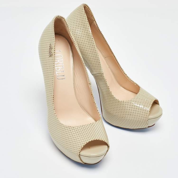 Pre Owned Loriblu Beige Perforated Patent Leather Peep Toe Platform Pumps Size 37