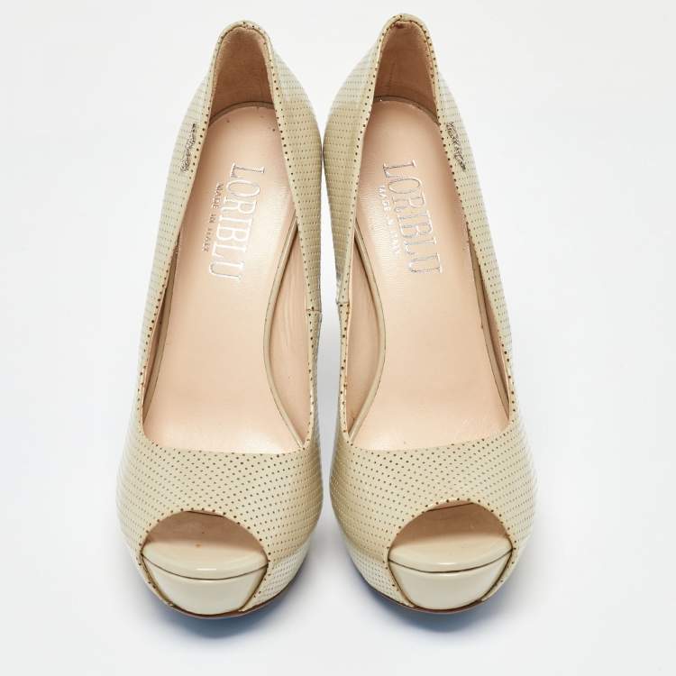 Pre Owned Loriblu Beige Perforated Patent Leather Peep Toe Platform Pumps Size 37