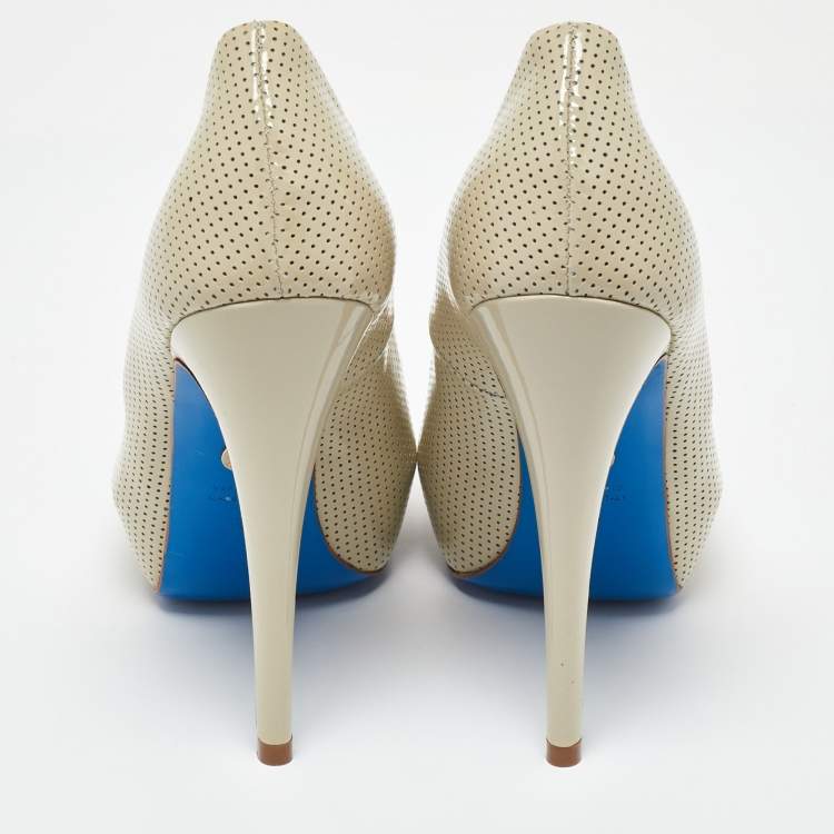 Pre Owned Loriblu Beige Perforated Patent Leather Peep Toe Platform Pumps Size 37