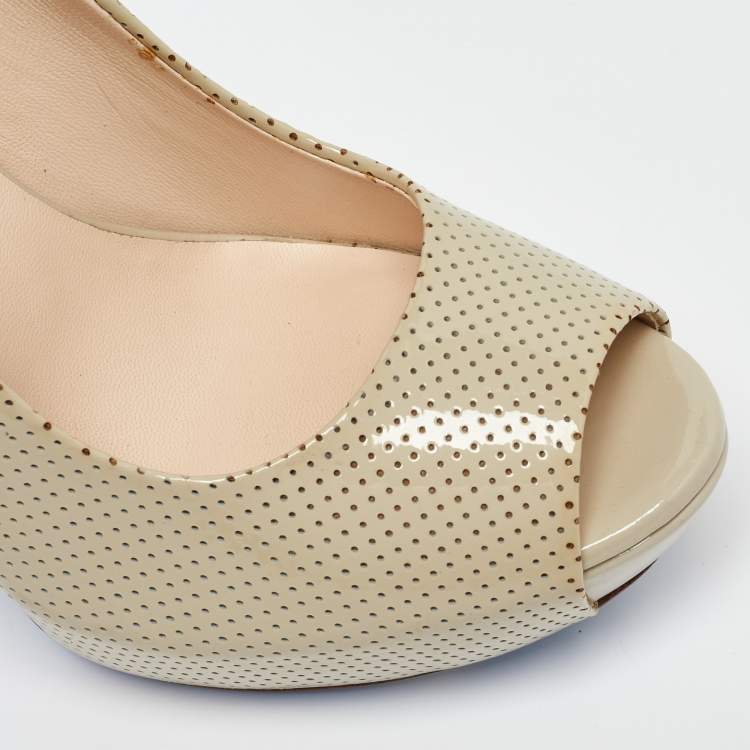 Pre Owned Loriblu Beige Perforated Patent Leather Peep Toe Platform Pumps Size 37