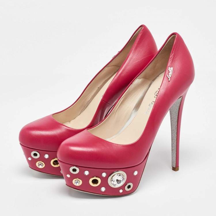 Pre Owned Loriblu Pink Leather Crystal Embellished Platform Pumps Size 37