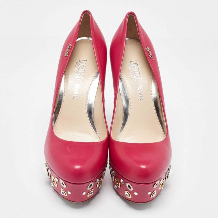 Pre Owned Loriblu Pink Leather Crystal Embellished Platform Pumps Size 37