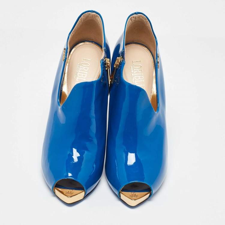 Pre Owned Loriblu Blue Patent Leather Zip Booties Size 36