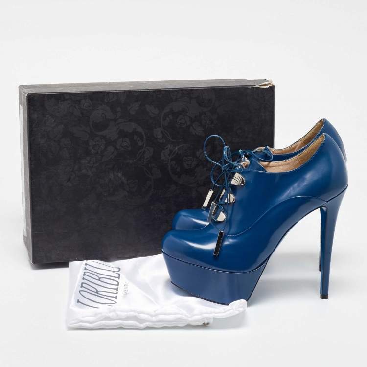 Pre Owned Loriblu Blue Patent Leather Booties Size 37