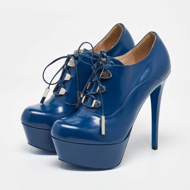 Pre Owned Loriblu Blue Patent Leather Booties Size 37