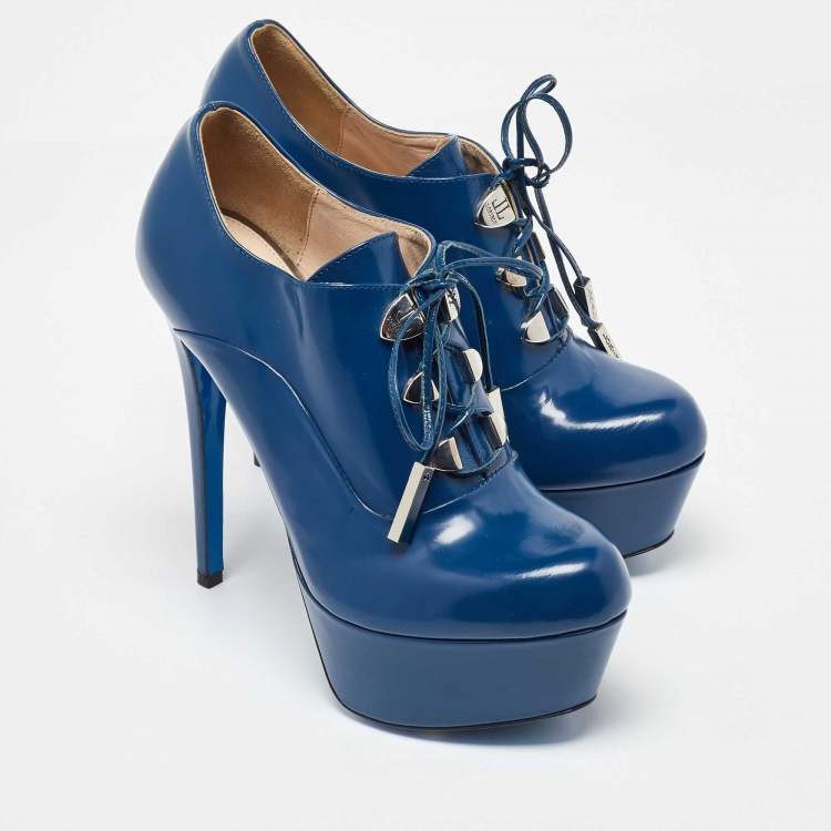 Pre Owned Loriblu Blue Patent Leather Booties Size 37