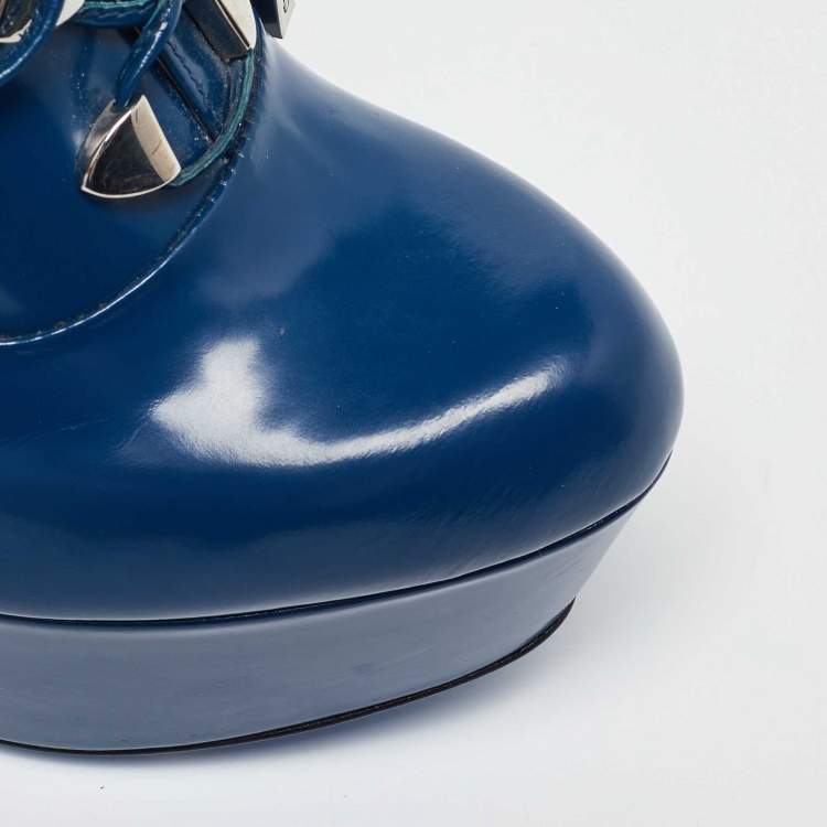 Pre Owned Loriblu Blue Patent Leather Booties Size 37