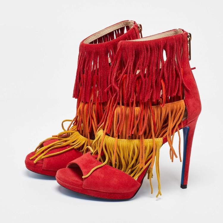 Pre Owned Loriblu Multicolor Suede Cut Out Fringe Platform Sandals Size 37.5
