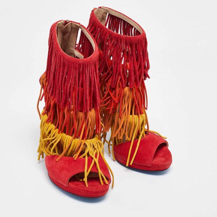 Pre Owned Loriblu Multicolor Suede Cut Out Fringe Platform Sandals Size 37.5