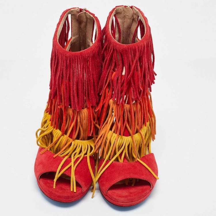 Pre Owned Loriblu Multicolor Suede Cut Out Fringe Platform Sandals Size 37.5