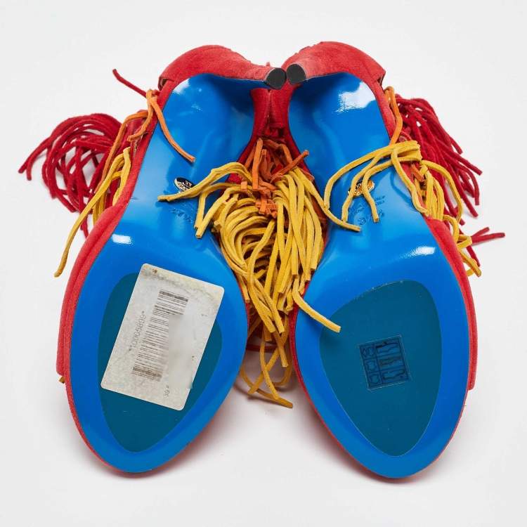 Pre Owned Loriblu Multicolor Suede Cut Out Fringe Platform Sandals Size 37.5