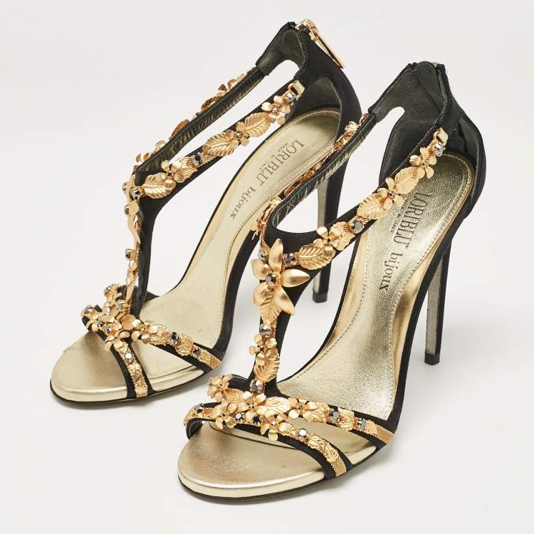 Pre Owned Loriblu Black Satin Floral Embellished Sandals Size 38