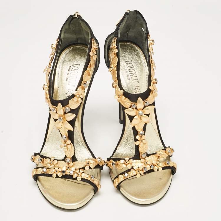 Pre Owned Loriblu Black Satin Floral Embellished Sandals Size 38