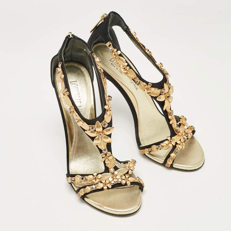 Pre Owned Loriblu Black Satin Floral Embellished Sandals Size 38