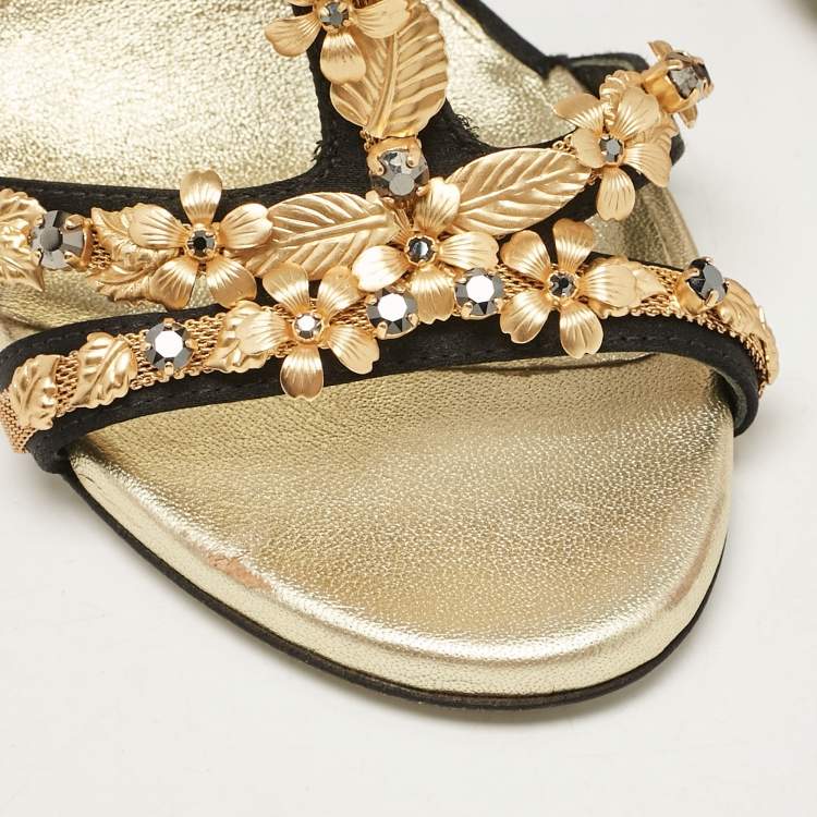 Pre Owned Loriblu Black Satin Floral Embellished Sandals Size 38