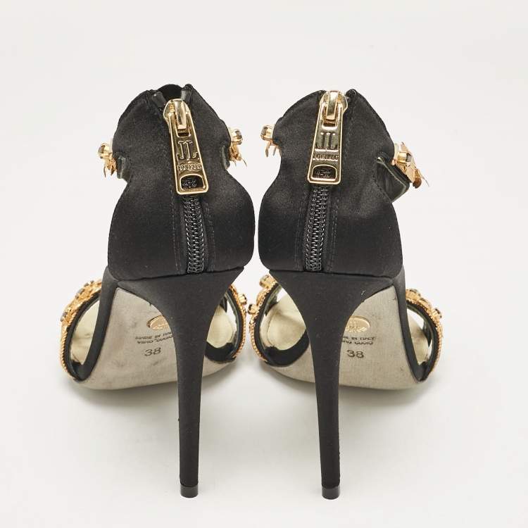 Pre Owned Loriblu Black Satin Floral Embellished Sandals Size 38