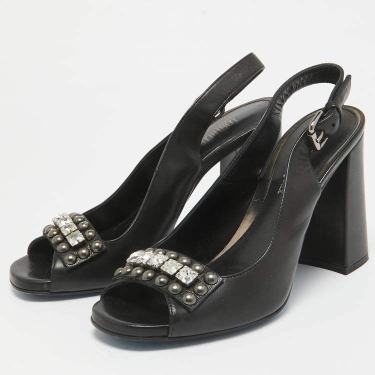 Pre Owned Loriblu Black Leather Crystal Embellished Peep Toe Slingback Pumps Size 40