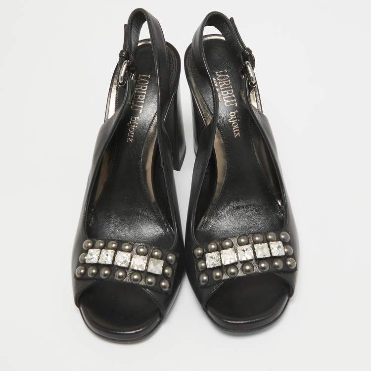 Pre Owned Loriblu Black Leather Crystal Embellished Peep Toe Slingback Pumps Size 40
