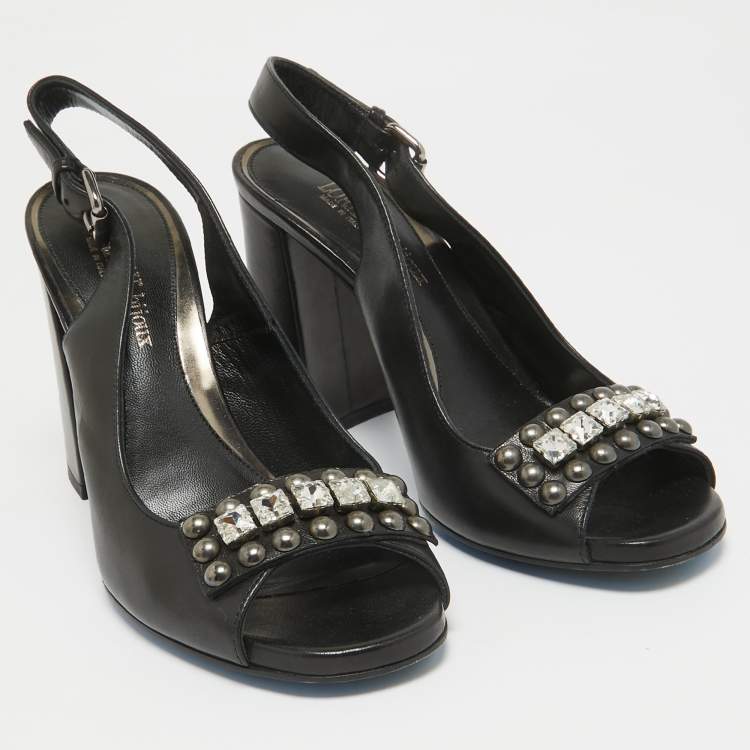 Pre Owned Loriblu Black Leather Crystal Embellished Peep Toe Slingback Pumps Size 40