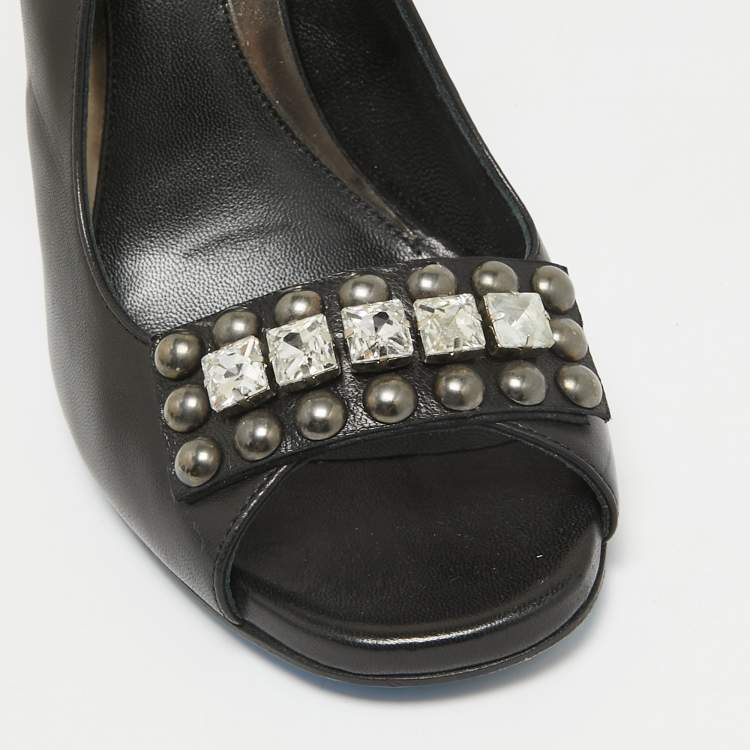 Pre Owned Loriblu Black Leather Crystal Embellished Peep Toe Slingback Pumps Size 40