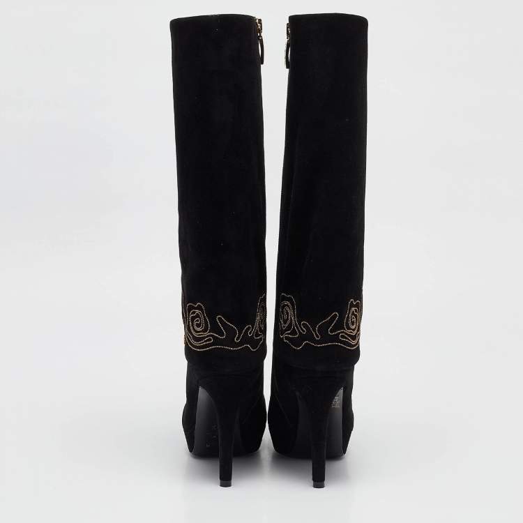 Pre Owned Loriblu Black Suede Cuff Embroidered Knee Length Boots Size 37.5