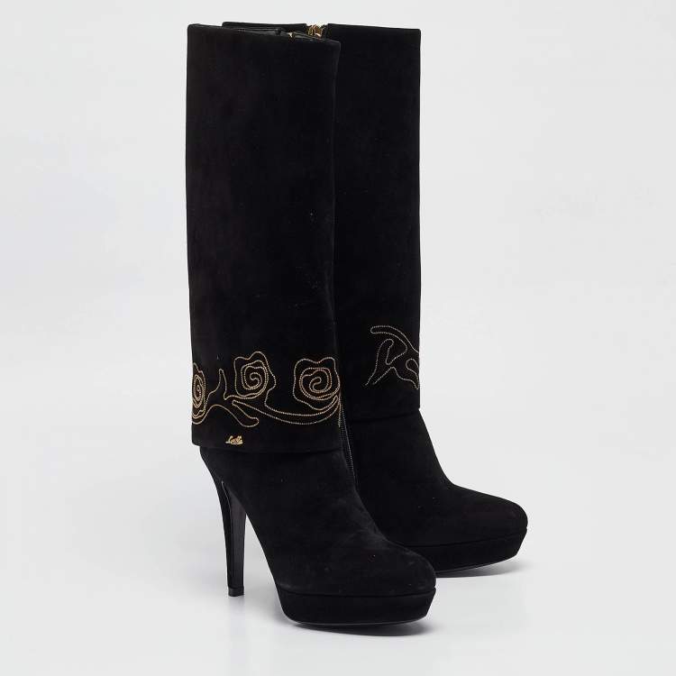 Pre Owned Loriblu Black Suede Cuff Embroidered Knee Length Boots Size 37.5