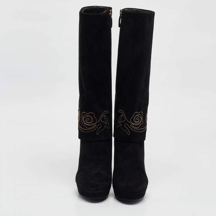 Pre Owned Loriblu Black Suede Cuff Embroidered Knee Length Boots Size 37.5