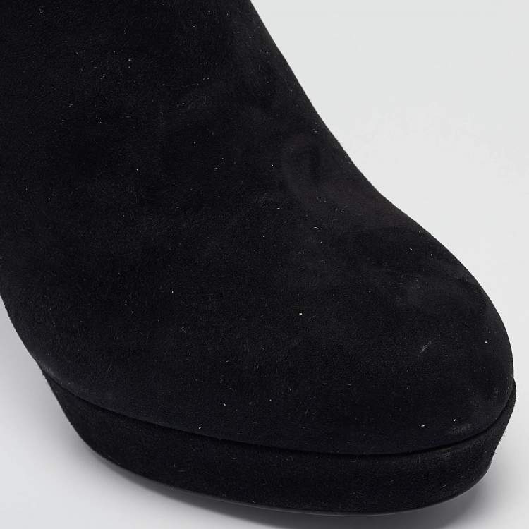 Pre Owned Loriblu Black Suede Cuff Embroidered Knee Length Boots Size 37.5