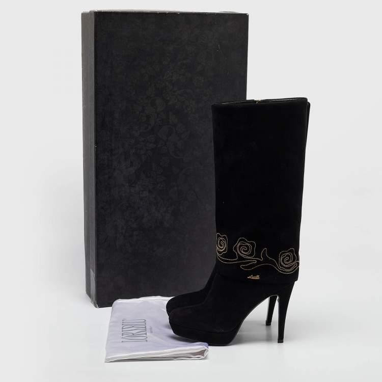 Pre Owned Loriblu Black Suede Cuff Embroidered Knee Length Boots Size 37.5