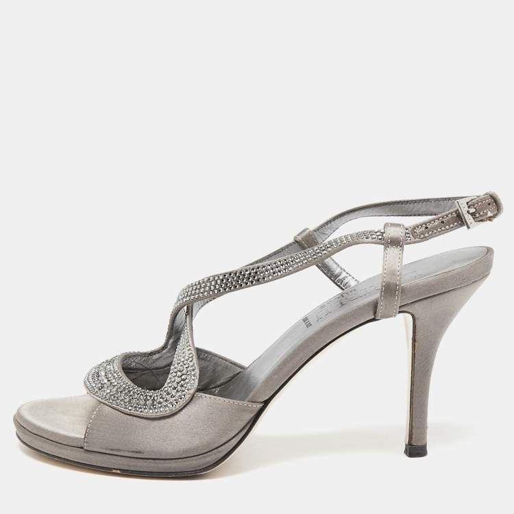 Pre Owned Loriblu Grey Satin Crystal Embellished Ankle Strap Sandals Size 36
