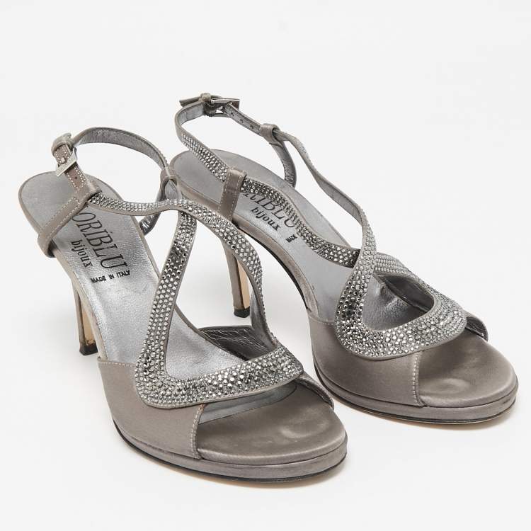 Pre Owned Loriblu Grey Satin Crystal Embellished Ankle Strap Sandals Size 36