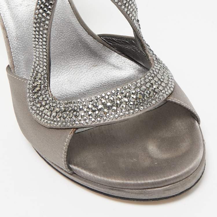 Pre Owned Loriblu Grey Satin Crystal Embellished Ankle Strap Sandals Size 36