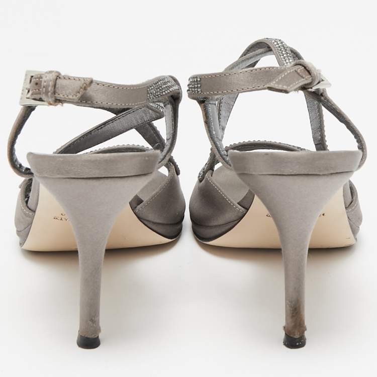 Pre Owned Loriblu Grey Satin Crystal Embellished Ankle Strap Sandals Size 36