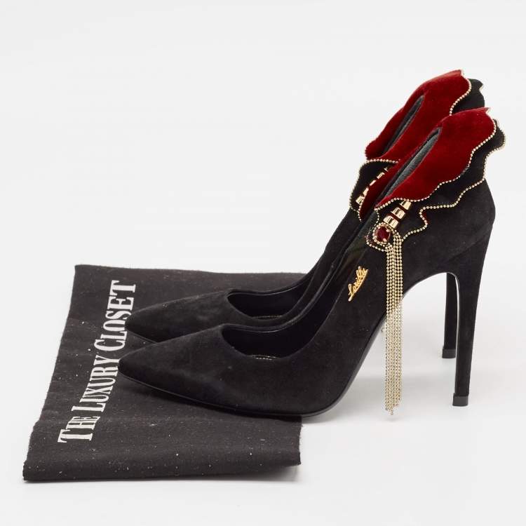 Pre Owned Loriblu Black/Burgundy Suede Embellished Peep Toe Pumps Size 35