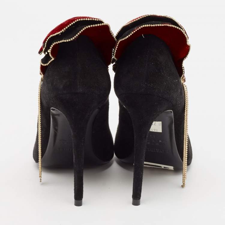 Pre Owned Loriblu Black/Burgundy Suede Embellished Peep Toe Pumps Size 35