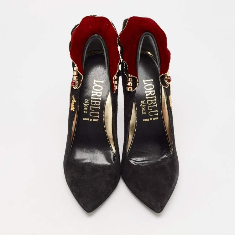 Pre Owned Loriblu Black/Burgundy Suede Embellished Peep Toe Pumps Size 35