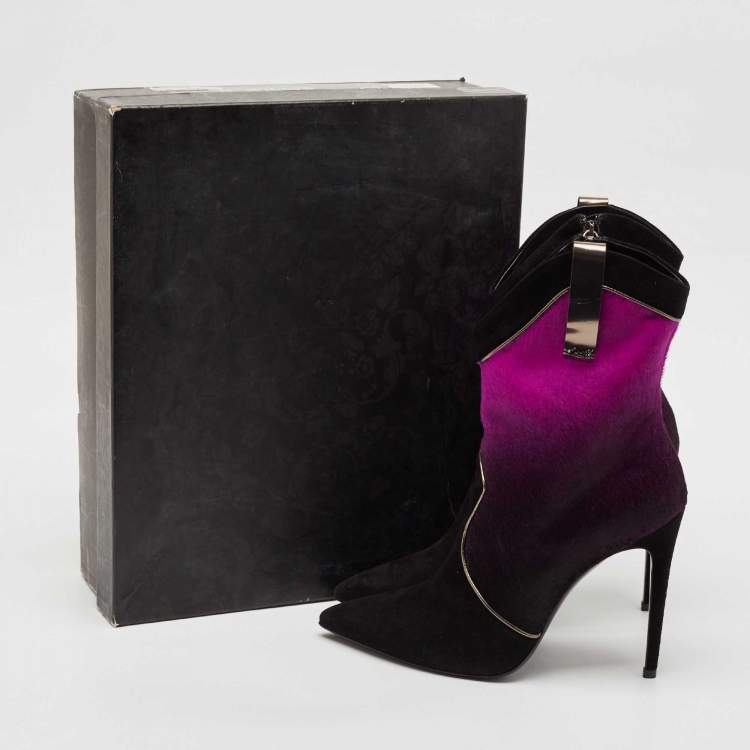 Pre Owned Loriblu Purple/Black Calf Hair and Suede Ankle Length Boots Size 41