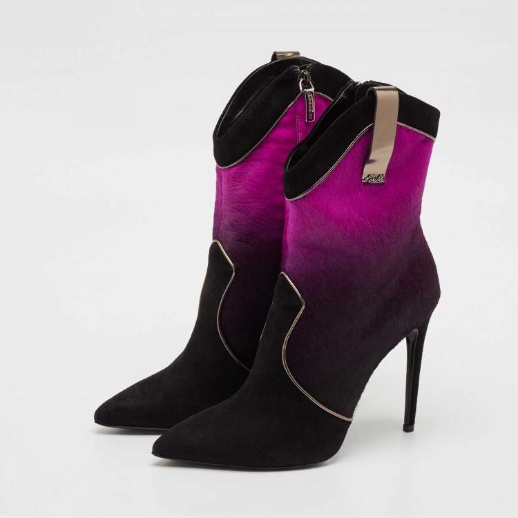 Pre Owned Loriblu Purple/Black Calf Hair and Suede Ankle Length Boots Size 41