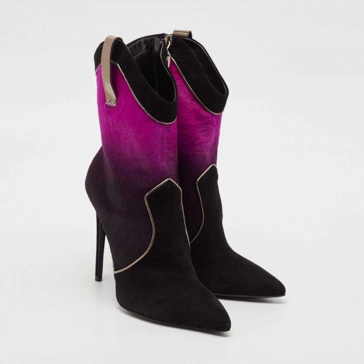 Pre Owned Loriblu Purple/Black Calf Hair and Suede Ankle Length Boots Size 41