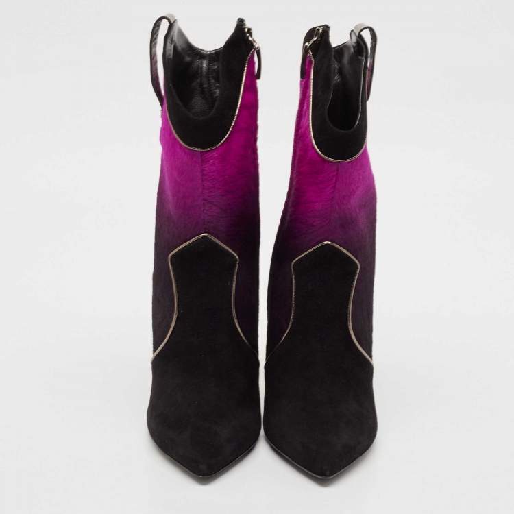 Pre Owned Loriblu Purple/Black Calf Hair and Suede Ankle Length Boots Size 41