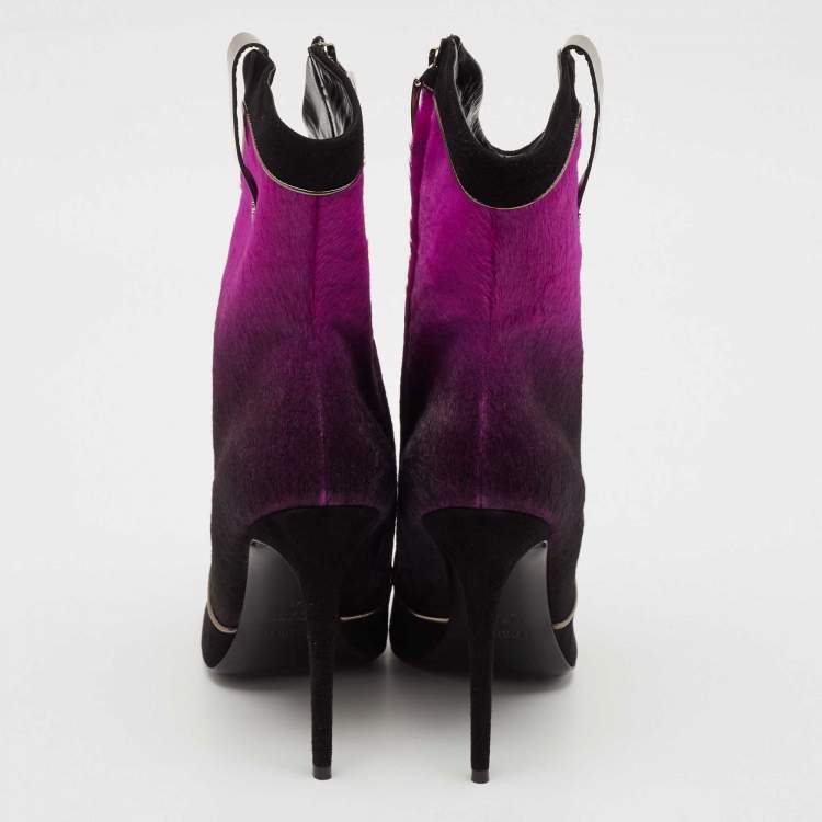 Pre Owned Loriblu Purple/Black Calf Hair and Suede Ankle Length Boots Size 41
