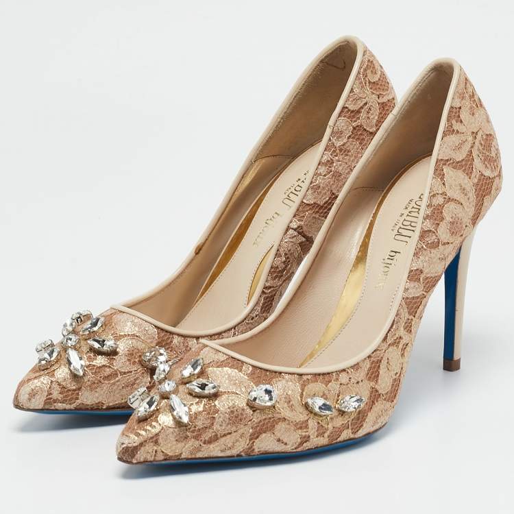 Pre Owned Loriblu Beige Lace Crystals Embellished Pointed Toe Pumps Size 38.5