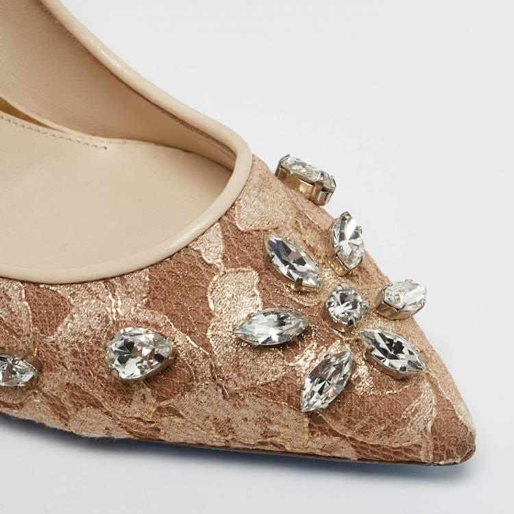 Pre Owned Loriblu Beige Lace Crystals Embellished Pointed Toe Pumps Size 38.5