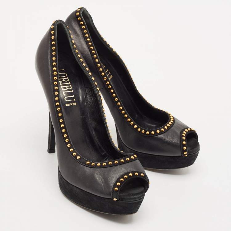 Pre Owned Loriblu Black Leather Peep Toe Platform Pumps Size 39