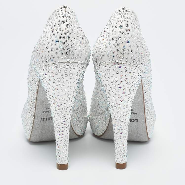 Pre Owned Loriblu Silver Satin Crystal Embellished Platform Pumps Size 36.5