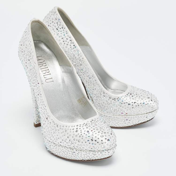 Pre Owned Loriblu Silver Satin Crystal Embellished Platform Pumps Size 36.5
