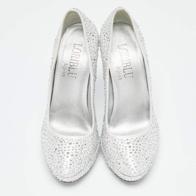 Pre Owned Loriblu Silver Satin Crystal Embellished Platform Pumps Size 36.5